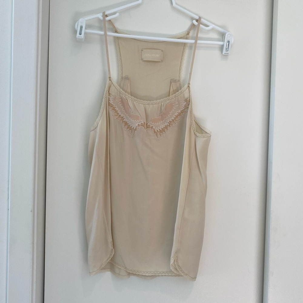 Zadig & Voltaire cream silk tank top with lace trim